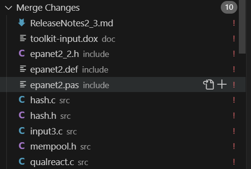 All files requiring manual merge for GQC's EPANET 2.3 version